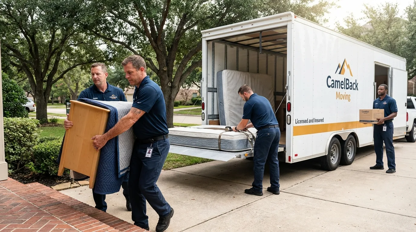 Crew loading residential truck for cross-state move from Emmetsburg, IA
