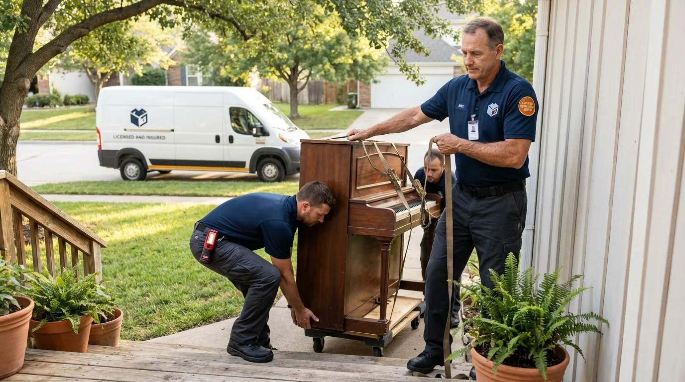 Licensed piano movers securing grand piano in Emmetsburg, IA