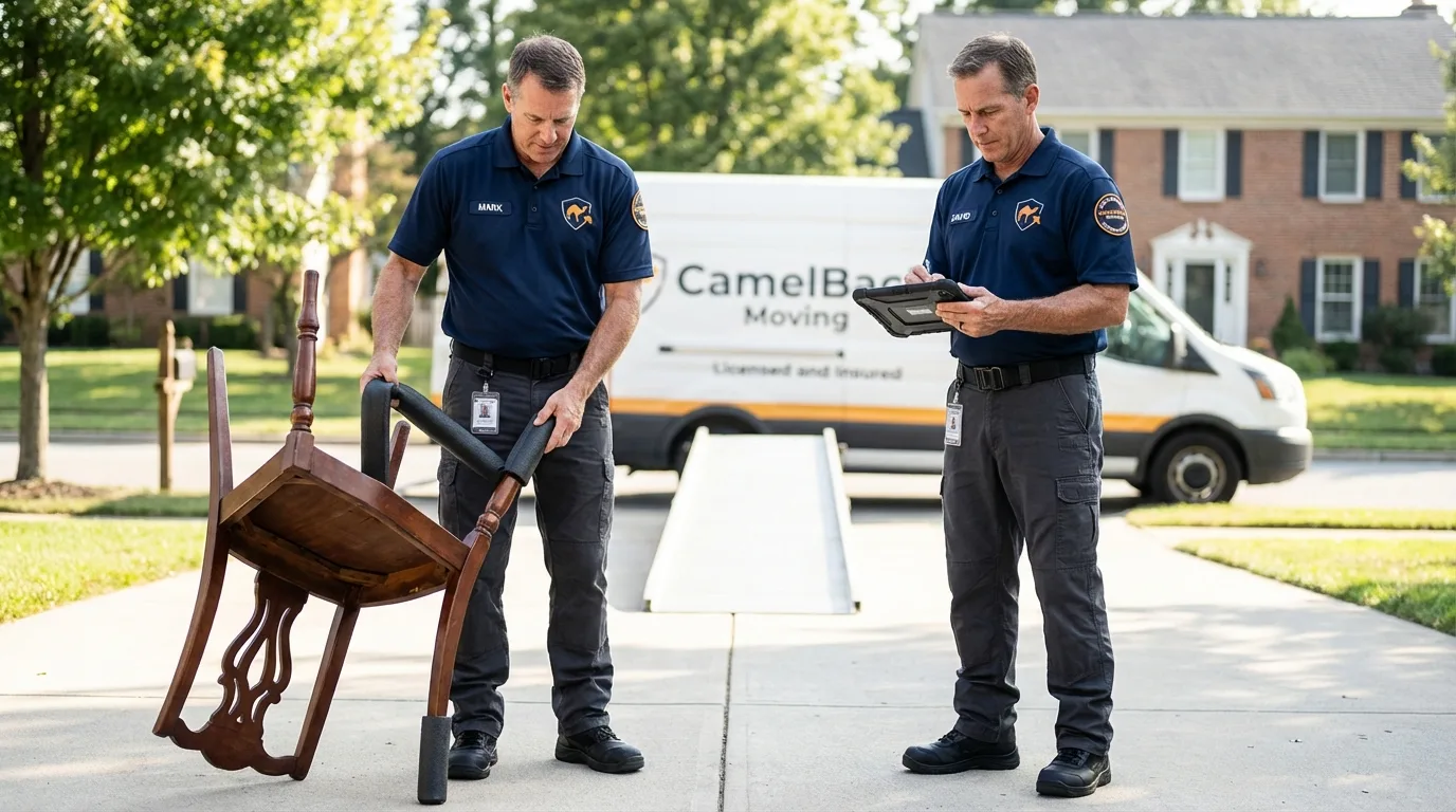 Movers inspecting furniture for damage prevention before loading in Emmetsburg, IA