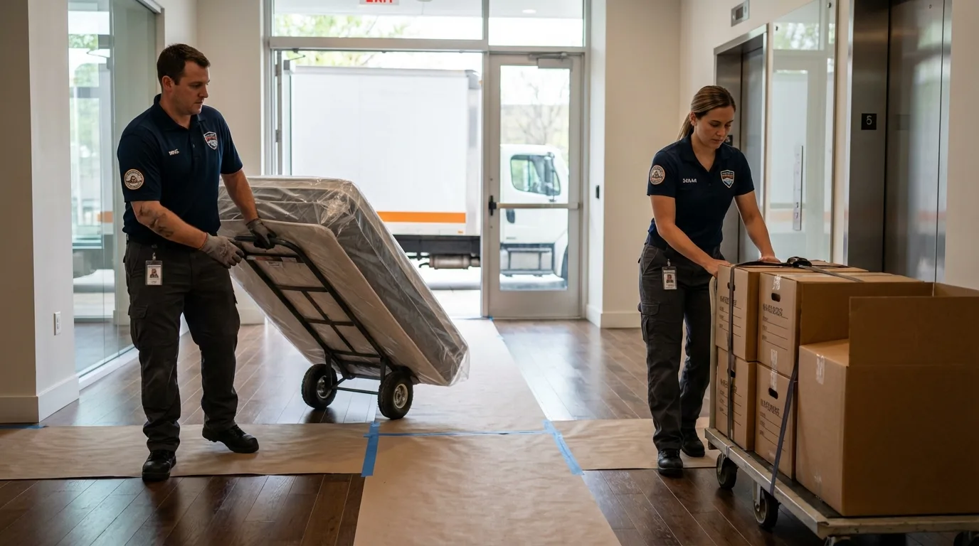 Professional apartment movers loading elevator in Emmetsburg, IA