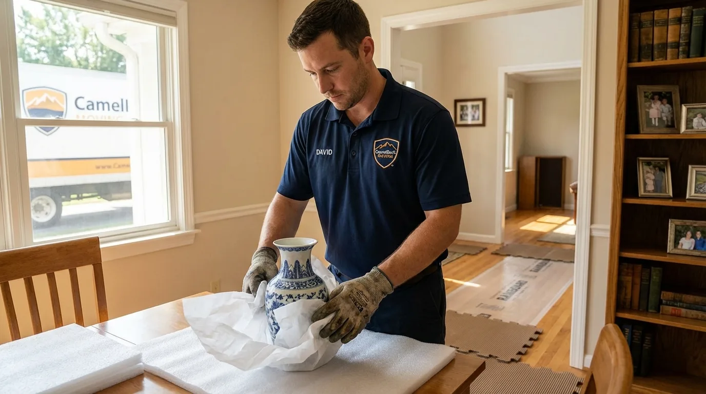 Professional crew carefully wrapping antique vase for senior downsizing move in Emmetsburg, IA
